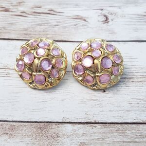 Vintage Clip On Earrings - Light Pinky Purple Gems & Gold Tone 1.25"